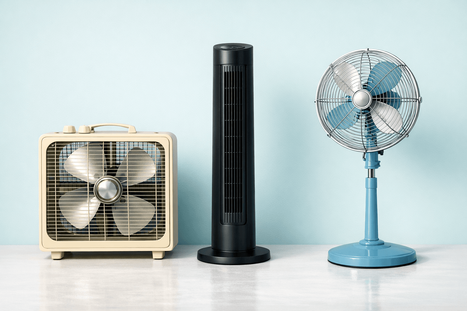 A curated lineup of three different household fans